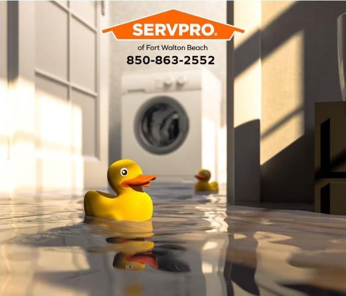 Rubber ducks float in a flooded laundry room.